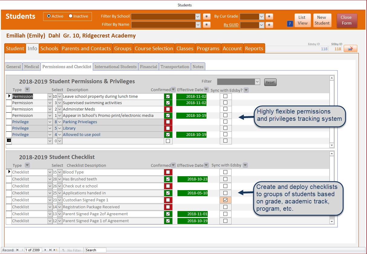 student permissions and checklists