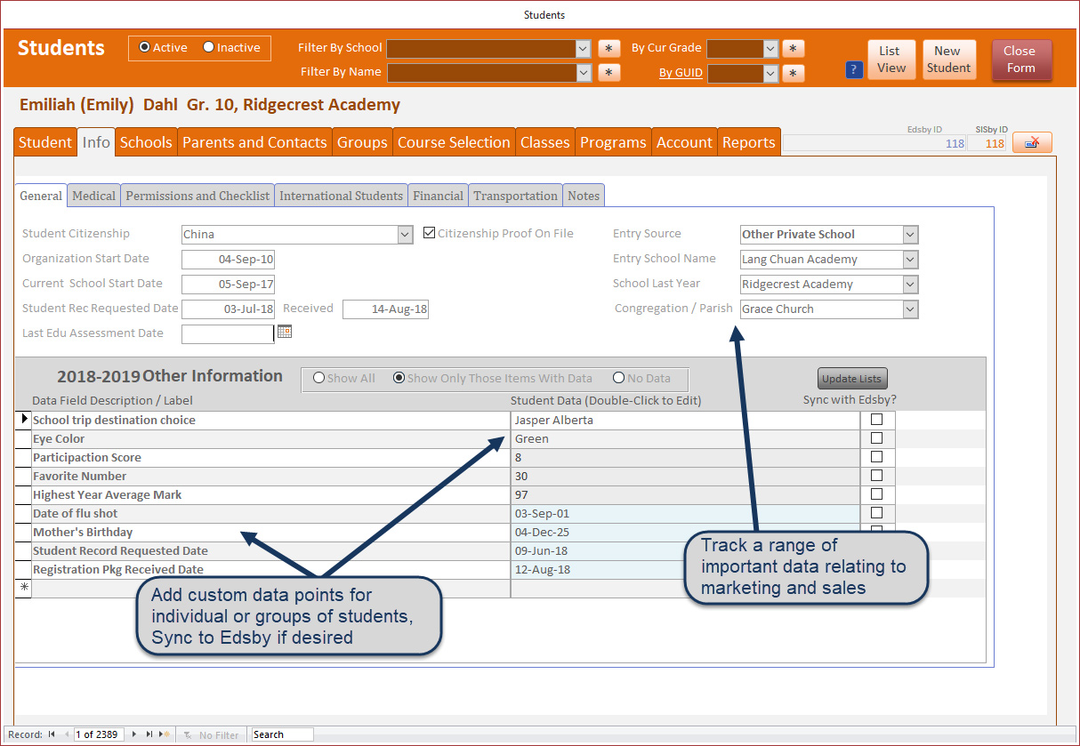 student info screen